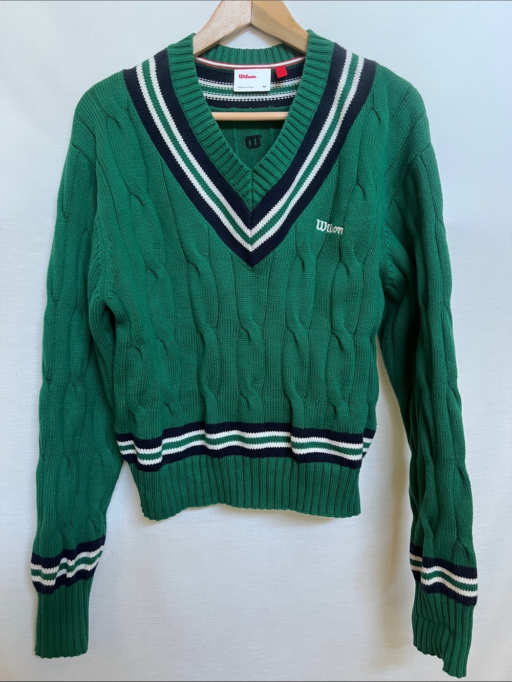 Wilson Green Cable Knit V-Neck Sweater with Navy & White Trim